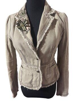 Vintage Y2K Bizz tan freyed seams beaded cotton button up jacket size S